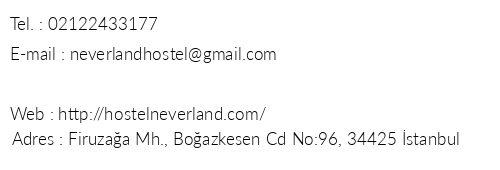 Neverland Hostel telefon numaralar, faks, e-mail, posta adresi ve iletiim bilgileri